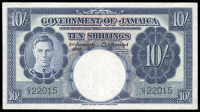 Government of Jamaica, Ten Shillings, 2 January 1939, C/3 22015, signature of A. Hodges (Pick 38a). Lightly pressed,...