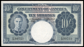 Government of Jamaica, Ten Shillings, 1 November 1940, C/30 30751, smaller format prefix and serials, signature of...