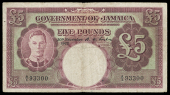 Government of Jamaica, Five Pounds, 30 November 1942, A/1 93300 (Pick 42). Two tiny holes at centre, otherwise good...