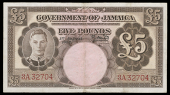 Government of Jamaica, Five Pounds, 1 August 1952, 3/A 32704, signature of R. Newton (Pick 43). Good very fine...