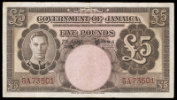 Government of Jamaica, Five Pounds, 7 April 1955, 5/A 73501, signature of F. Williams (Pick 43). Very fine, scarce...