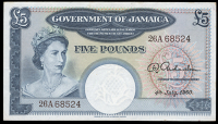 Government of Jamaica, Five Pounds, 4 July 1960, 26/A 68524, signature of E.R. Richardson (Pick 48b). A few tiny...