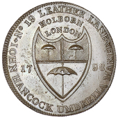 Central London, Leather Lane, John Hancock, Halfpence (3), 1796 (2), shop front and umbrella, reads n19, 9.51g/11h...