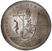 Central London, Piccadilly, London Corresponding Society, Skidmore’s mule Halfpenny, man hanging from gallows, cap...