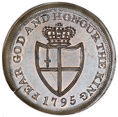 Central London, St Martin’s Lane, William Williams, Prattent’s Halfpenny, crowned arms of the City, rev. fat man...