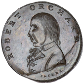 Central London, Soho, Robert Orchard, Jacobs’ Halfpenny, 1795, bust left, rev. arms, edge plain, 9.08g/6h (DH...