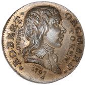 Central London, Soho, Robert Orchard, James’s Halfpenny, 1797, bust right, rev. family arms, edge plain, 9.83g/6h...