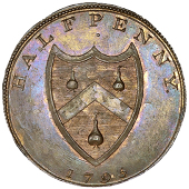 Central London, Soho, Robert Orchard, Skidmore’s mule Halfpence (3), Orchard arms, revs. bust of William III...