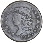 United States of America, Cent, 1813 (Sheldon 293). Some digs in field by date, otherwise good fine, the scarcer of...