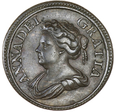 Anne (1702-1714), 1714 Pattern, in copper, by J. Croker, bust left, rev. Britannia seated left, edge plain, small...