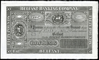 Ireland, Belfast Banking Company, Fifty Pounds, trial, black and white front for Belfast Banking Co and blue back...