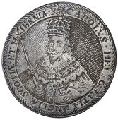 Charles I, an engraved silver counter in the style of S. de Passe, crowned bust almost facing, holding orb and...