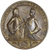 Capture of Portobello, 1739, a brass medal, unsigned, half-length figures of Admiral Vernon and Commodore Brown...