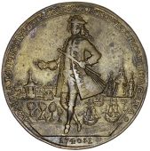 Cartagena Taken, 1740, a pinchbeck medal, unsigned, full-length figure of Admiral Vernon, ships before harbour and...