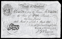 J.G. Nairne, Five Pounds, 9 March 1915, 86/T 75179, Leeds (Dugg. B208b). Lightly pressed and a trace of number at...
