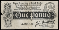 One Pound, August 1914, A 000001 (Dugg. T1). Repairs on back, pinholes on left side and a tiny piece out of left...