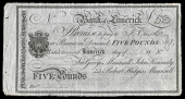 Co. Limerick, Limerick, Bank of Limerick, Five Pounds, unissued, for George Maunsell, John Kennedy and Robert Hedges...