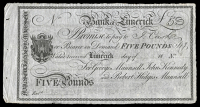 Co. Limerick, Limerick, Bank of Limerick, Five Pounds, unissued, for George Maunsell, John Kennedy and Robert Hedges...
