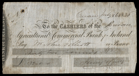 Agricultural & Commercial Bank of Ireland, cheque for Thirty Two Pounds, 26 July 1836, Cavan. Pinholes and small...