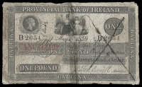 One Pound, 2 May 1859, B 2654, Ballina, stamped cancelled on left side, large X on right side (PR 35; Pick –)....