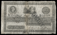 One Pound, 2 May 1859, B 13529, Dublin, stamped cancelled on right side (PR 35; Pick –). Split and rejoined at...