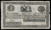 One Pound, 1 August 1855, no. 50988, Strabane, stamped cancelled on left side (PR 35; Pick –). Split and rejoined...