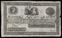 One Pound, 1 August 1855, no. 50988, Strabane, stamped cancelled on left side (PR 35; Pick –). Split and rejoined...
