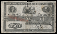 Two Pounds, 1 November 1858, no. 43228, Sligo, stamped cancelled on left side, signature crossed through at bottom...
