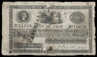 Three Pounds, 15 October 1852, no. 11578, Limerick, stamped cancelled on left side (PR 40; Pick –). Split and...