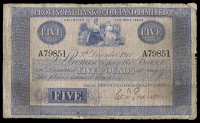 Five Pounds, 5 December 1911, A 79851, signature uncertain (PR 68; Pick A117). Pinholes and inked numbers on back,...