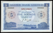Five Pounds, 4 October 1966, colour trial in blue, no. 000000, stamped specimen in red, signature of J.A. Leitch,...