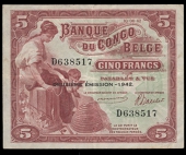 Banque du Congo Belge, Five Francs, 10 June 1942, D 638517 (Pick 13). Good very fine to about extremely fine 	£80-100