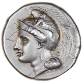 Greek coinage, Northern Lucania, Velia, Didrachm, c. 334-300, head of Athena left wearing crested helmet ornamented...