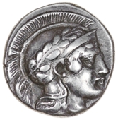 Greek coinage, Southern Lucania, Thurium, Stater, c. 443-400, head of Athena right wearing crested helmet bound with...