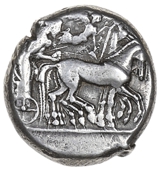 Greek coinage, Sicily, Syracuse, Tetradrachm, c. 485-479, slow quadriga driven right by male charioteer, Nike flying...