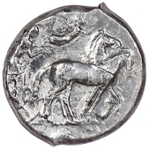 Greek coinage, Sicily, Syracuse, Tetradrachm, c. 474-450, slow quadriga driven right by male charioteer, Nike flying...