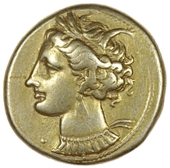 Greek coinage, Carthage, ZEUGITANA, Electrum Stater, c. 310-290, head of Tanit left, wreathed with corn and...