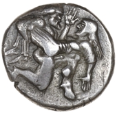 Greek coinage, Thrace, Thasos, Stater, c. 460, naked satyr right, carrying off struggling nymph, rev. quadripartite...