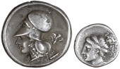 Greek coinage, Corinthia, Corinth, Stater, c. 350-306, Pegasos flying left, koppa below, rev. head of Athena left...