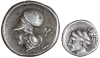 Greek coinage, Corinthia, Corinth, Stater, c. 350-306, Pegasos flying left, koppa below, rev. head of Athena left...