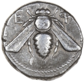 Greek coinage, Ionia, Ephesus, Tetradrachm, c. 390-330, bee with straight wings dividing E Φ, rev. forepart of...