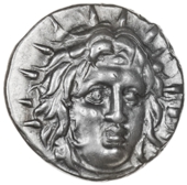 Greek coinage, Islands off Caria, Rhodes, Didrachm, c. 250-230, radiate head of Helios three-quarters right, rev....