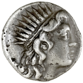 Greek coinage, Islands off Caria, Rhodes, Drachm, c. 167-88, radiate head of Helios right, rev. P O either side of...