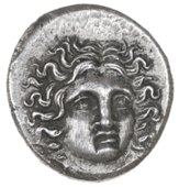 Greek coinage, Islands off Caria, Rhodian mercenaries in Thessaly, Tetrobol, c. 170, three-quarters facing head of...