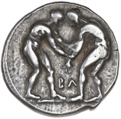 Greek coinage, Pamphylia, Aspendos, Stater, c. 370-333, two naked athletes wrestling, ba between them, rev. slinger...