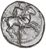 Greek coinage, Cilicia, Kelenderis, Stater, c. 400-350, naked rider with whip in right hand alighting from horse...