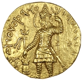 Greek coinage, Kushan Kingdom, Vasu Deva II (c. 280-320), Stater, King standing left sacrificing over altar, rev....