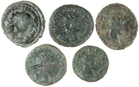 Roman Imperial coins, Miscellaneous, Allectus, Quinarius; together with Antoninianii (4), of Diocletian (2),...