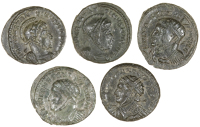 Roman Imperial coins, Miscellaneous, Constantine I, the Great, Folles (5), all London (Askew 828-9; Spink 725) [5]....