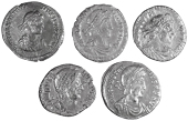 Roman Imperial coins, Miscellaneous, Siliquæ (5), of Constantius II, Jovian, Magnus Maximus, Julian and Valentinian...